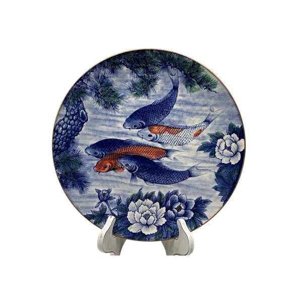 Japanese Vintage Koi Fish and Lotus Blue 12" Charger/Small Platter Collectible